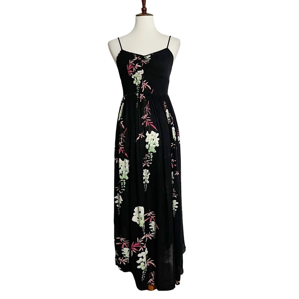 Free People Beau Smocked Printed‎ Slip Dress in Black Size XS
